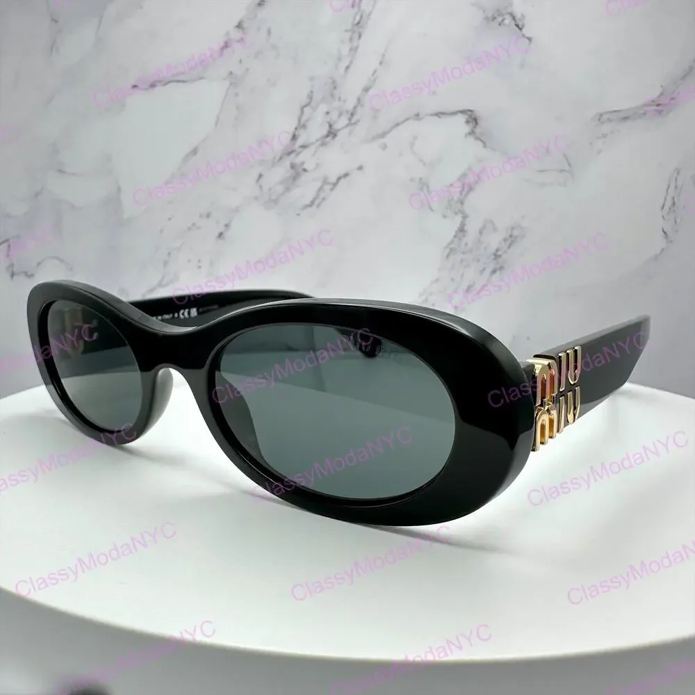 New MIU MIU Sunglasses Black Acetate Oval Gold Metal Logo Authentic Italy